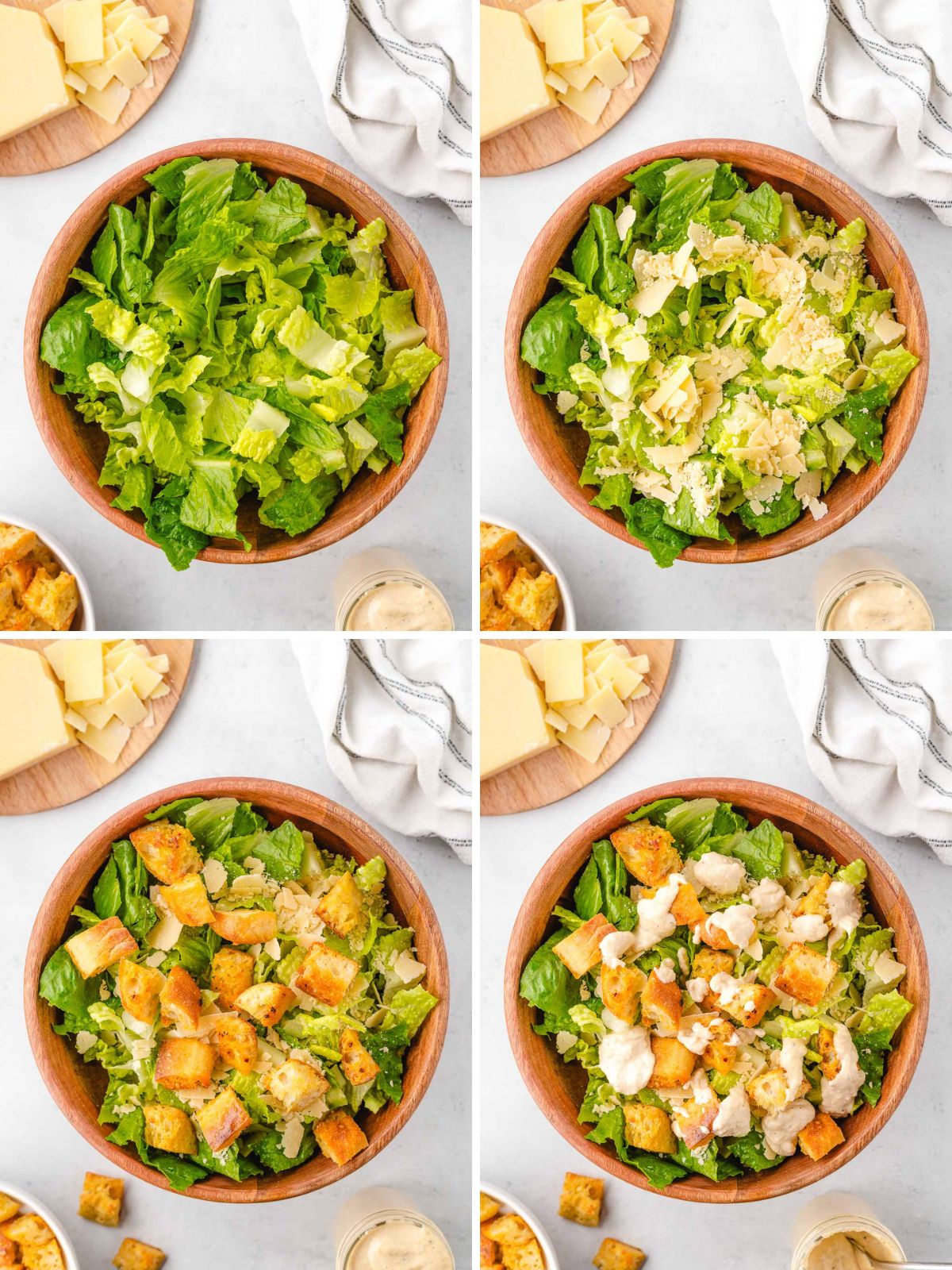 A collage image of romaine hearts added to a bowl, then adding in parmesan cheese, croutons, and caesar dressing.