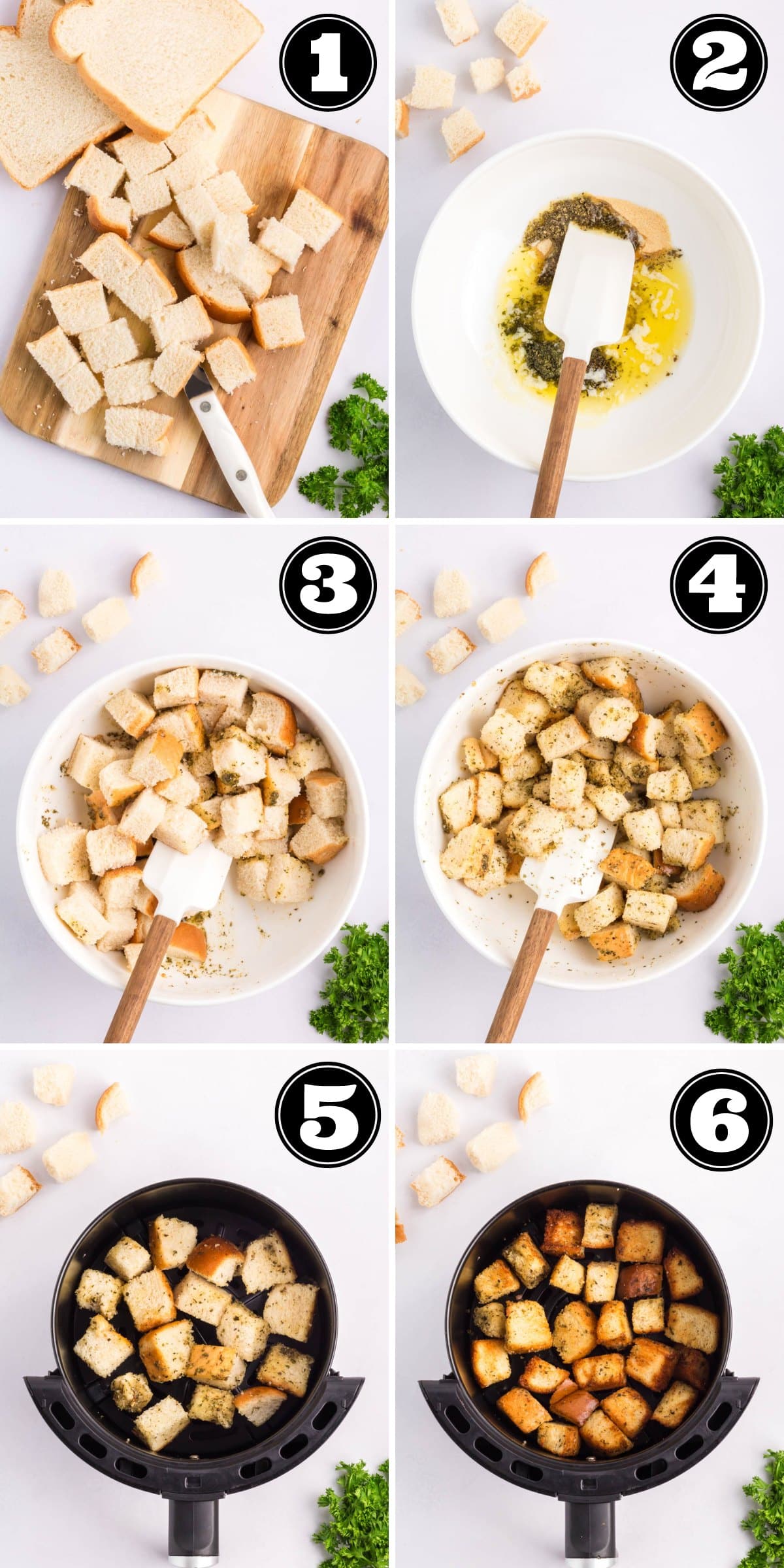 Collage image showing steps to air fry homemade croutons.