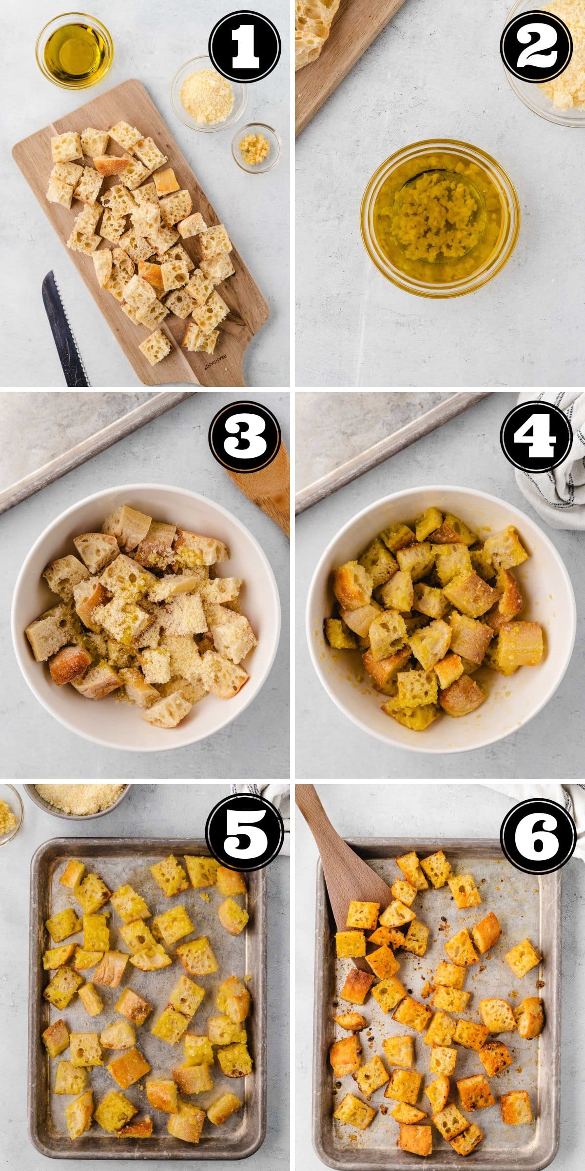 Collage image showing steps to bake croutons in the oven.