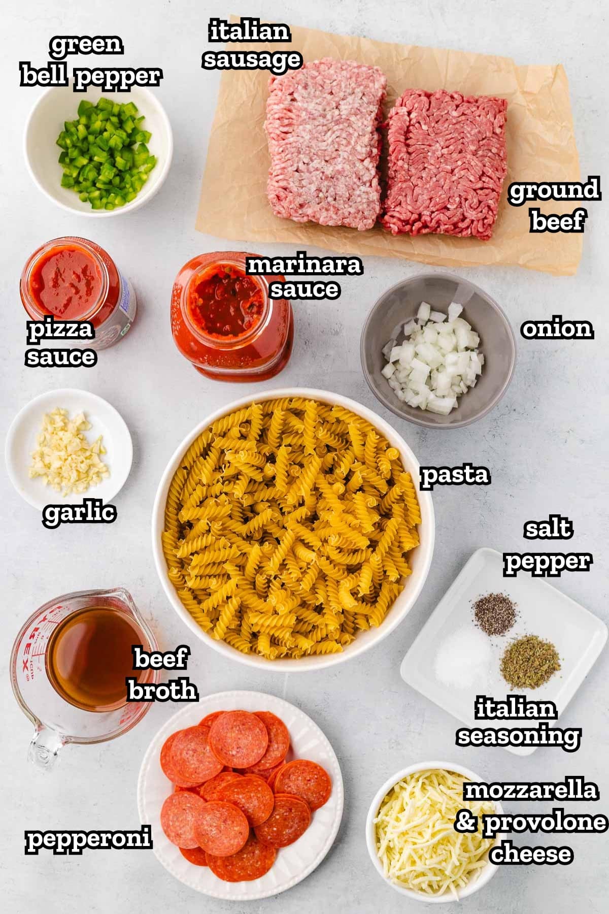 A labeled image of ingredients needed to make pizza pasta bake.