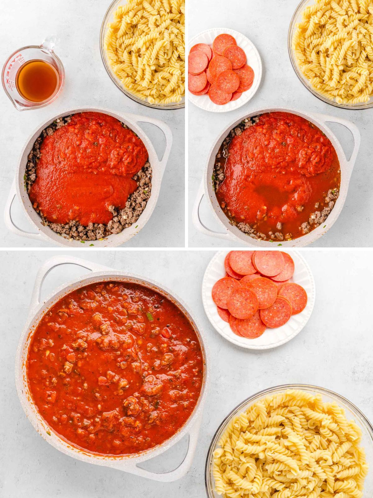 Collage image showing adding marinara, pizza, and beef broth to ground beef mixture in pan.