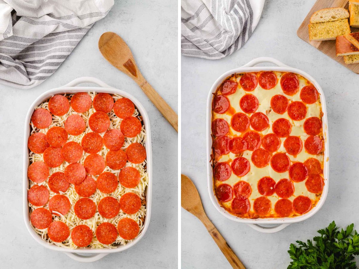 A casserole dish with pizza noodle casserole topped with pepperoni and baked.