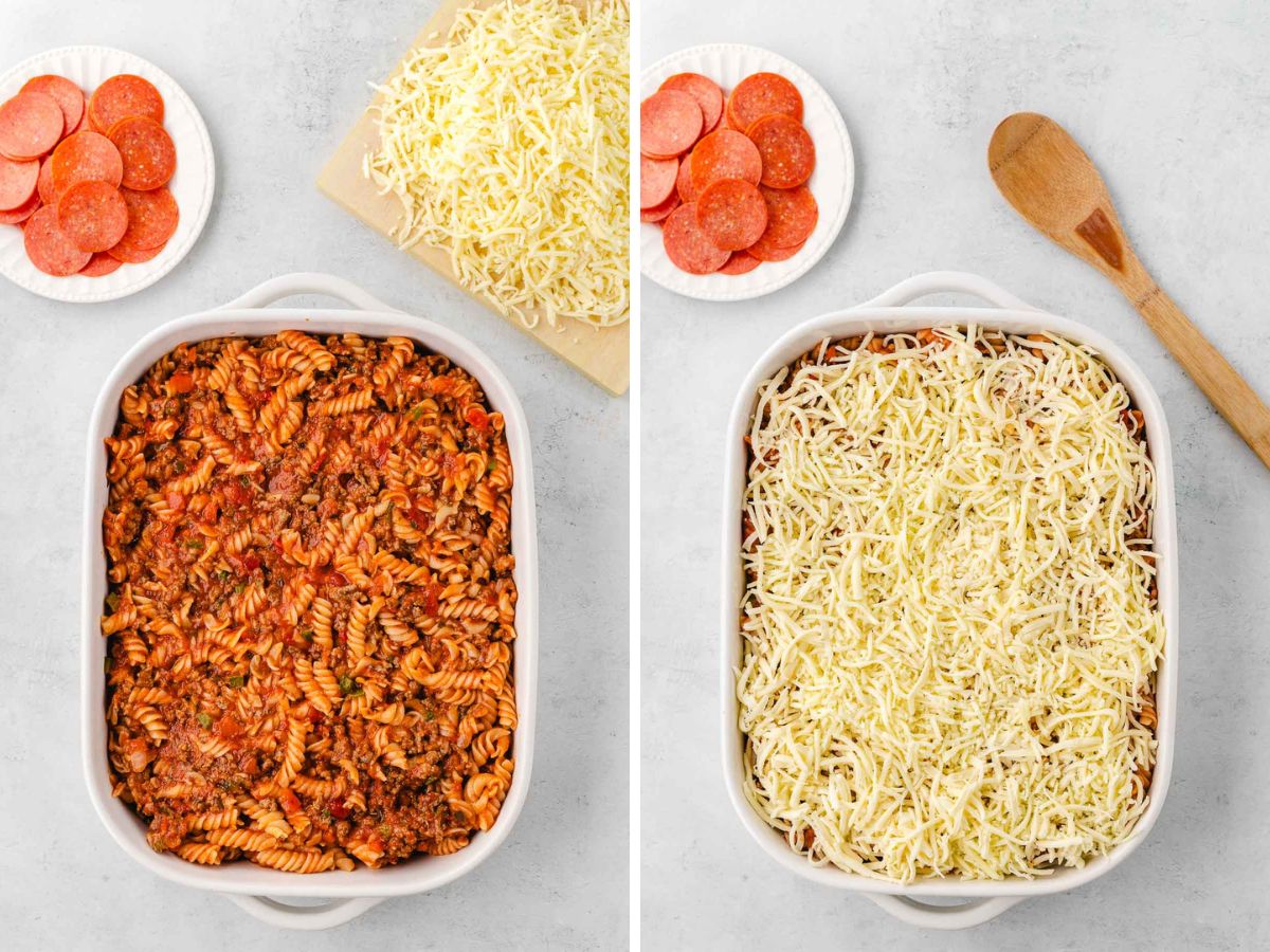 Pasta with sauce evenly poured into a casserole dish and topped with shredded cheese.