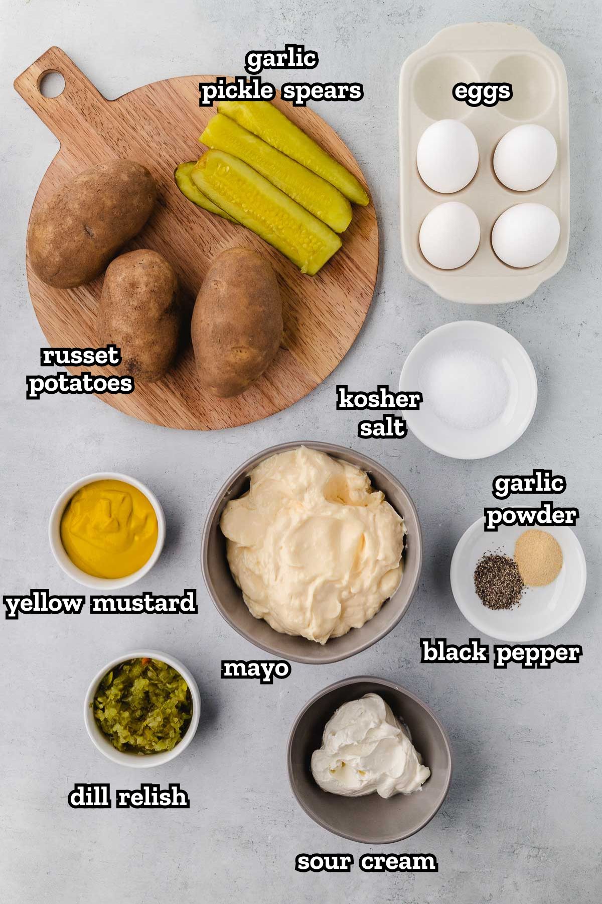 A labeled image of ingredients needed to make southern potato salad.