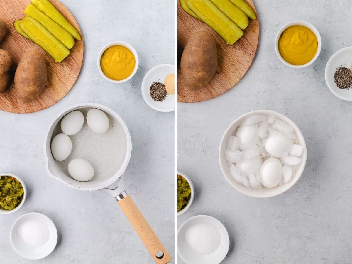 Boiling eggs in a pot and then move to an ice bath to cool.