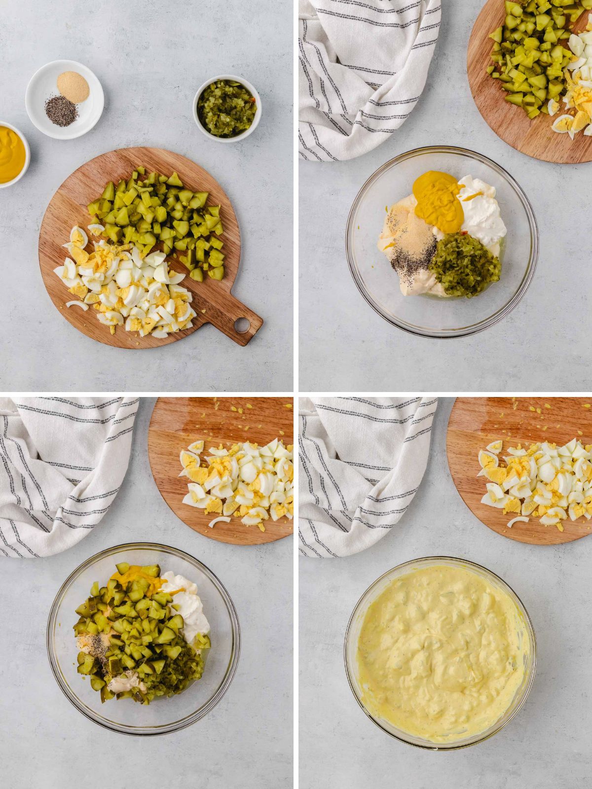 A bowl with dressing ingredients for potato salad and then the dressing combined.