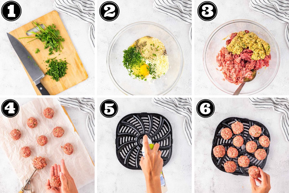 A collage image of steps needed to make meatballs for the air fryer.