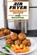 A plate of meatballs with carrots with an air fryer in the background in a Pinterest image.