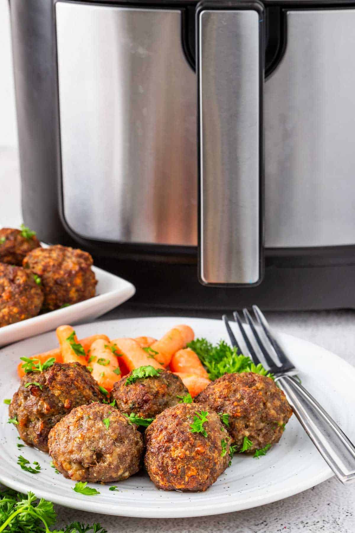 Meatball on a white plate with carrots and parsley with an air fryer in the background.