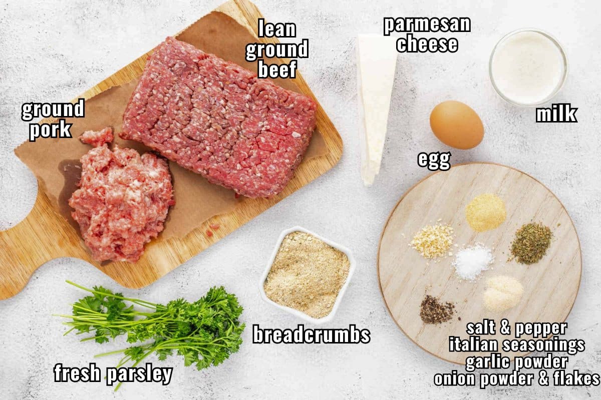 Labeled image of ingredients needed to make air fryer meatballs.