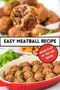 A Pinterest collage image with a bowl of meatballs made in the air fryer and a fork picking up a meatball.