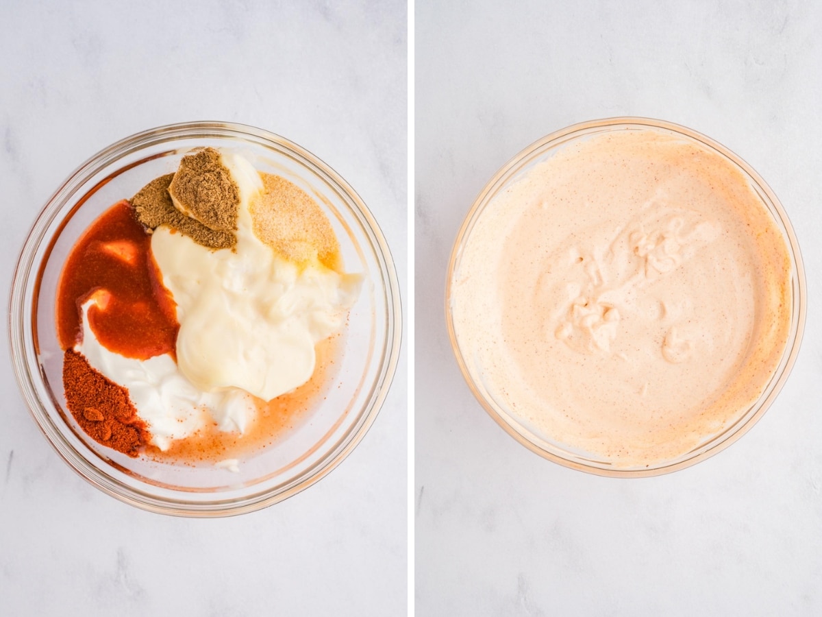 Sriracha mayo ingredients added into a bowl and then stirred to make a crema.