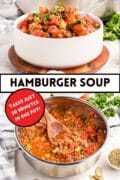 This is a two image collage for Hamburger Soup. The top image is a white bowl full of soup and the bottom features the pot of soup.