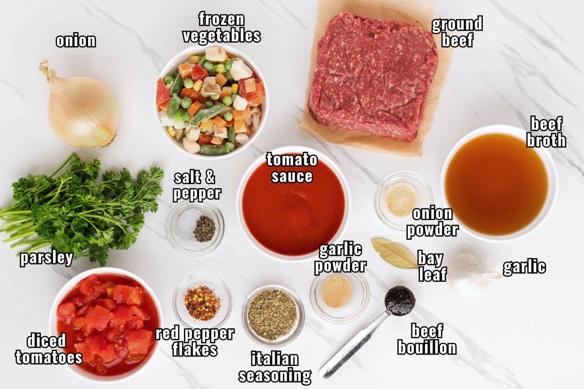 A labeled image of ingredients needed for hamburger vegetable soup.