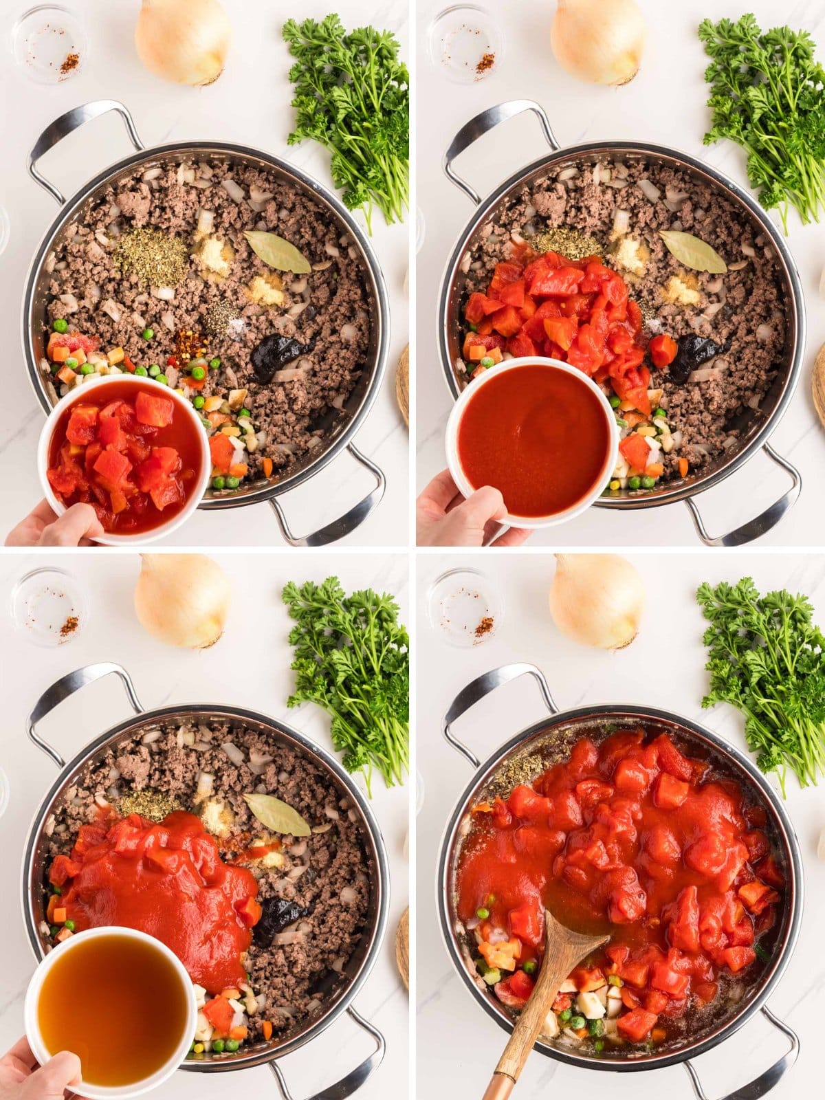 A four image collage of adding diced tomatoes to hamburger mixture, then adding tomato sauce, then adding beef broth and all ingredients needed for vegetable soup with ground beef.