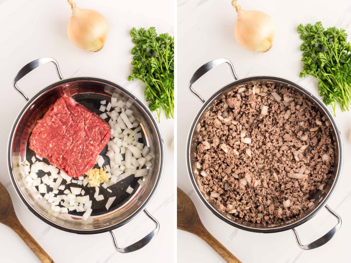 A two image collage showing adding raw ground beef, diced onion and minced garlic to a soup pot and then after it has cooked.