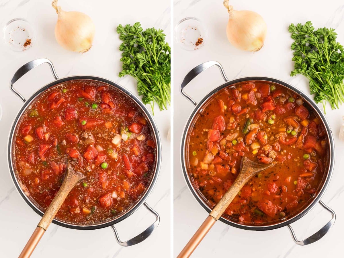 A two collage image showing soup in a pot with seasoning floating on top and then after it is stirred to incorporate.