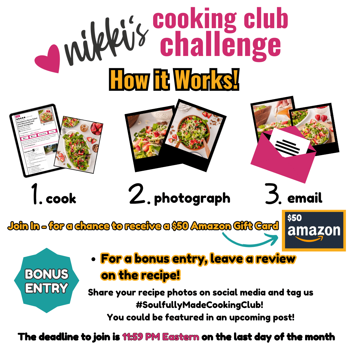 Nikki Cooking Club Challenge with graphics showing how to enter.