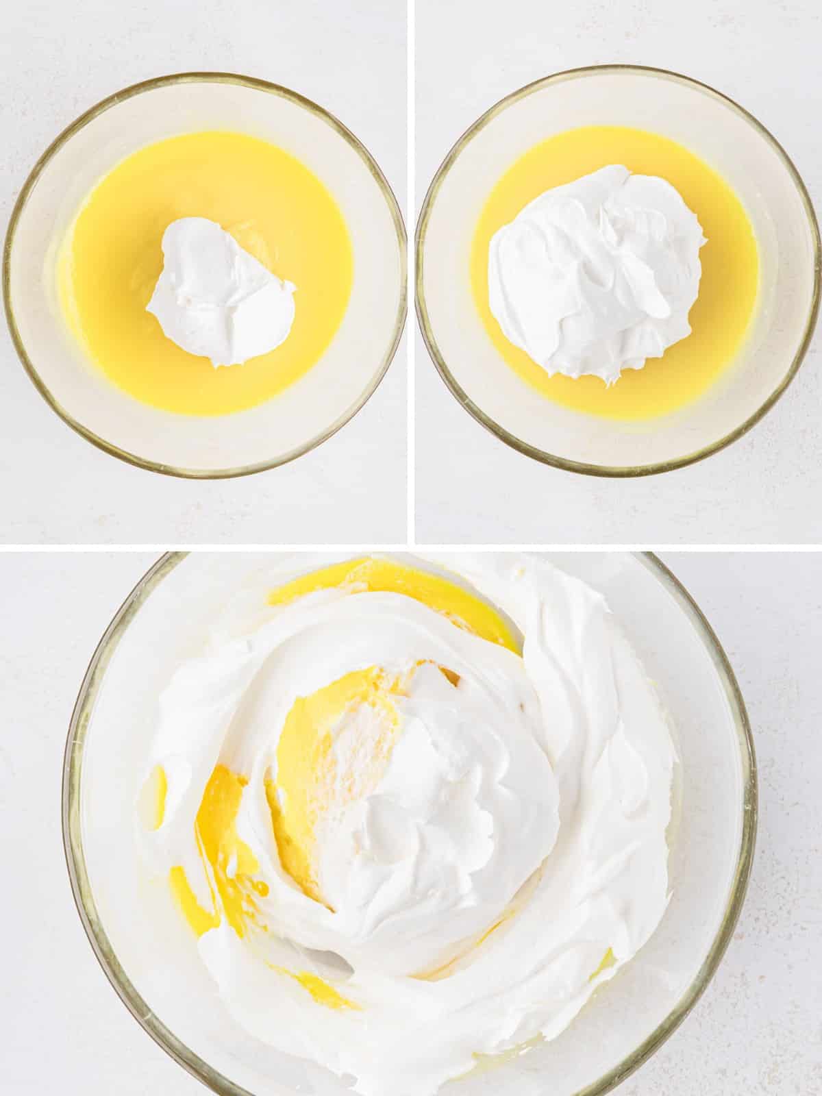 A collage image of lemon pudding with sour cream, and Cool Whip added and mix together.