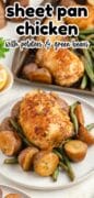 Sheet pan chicken recipe image with a white plate full and a baking pan in the background.