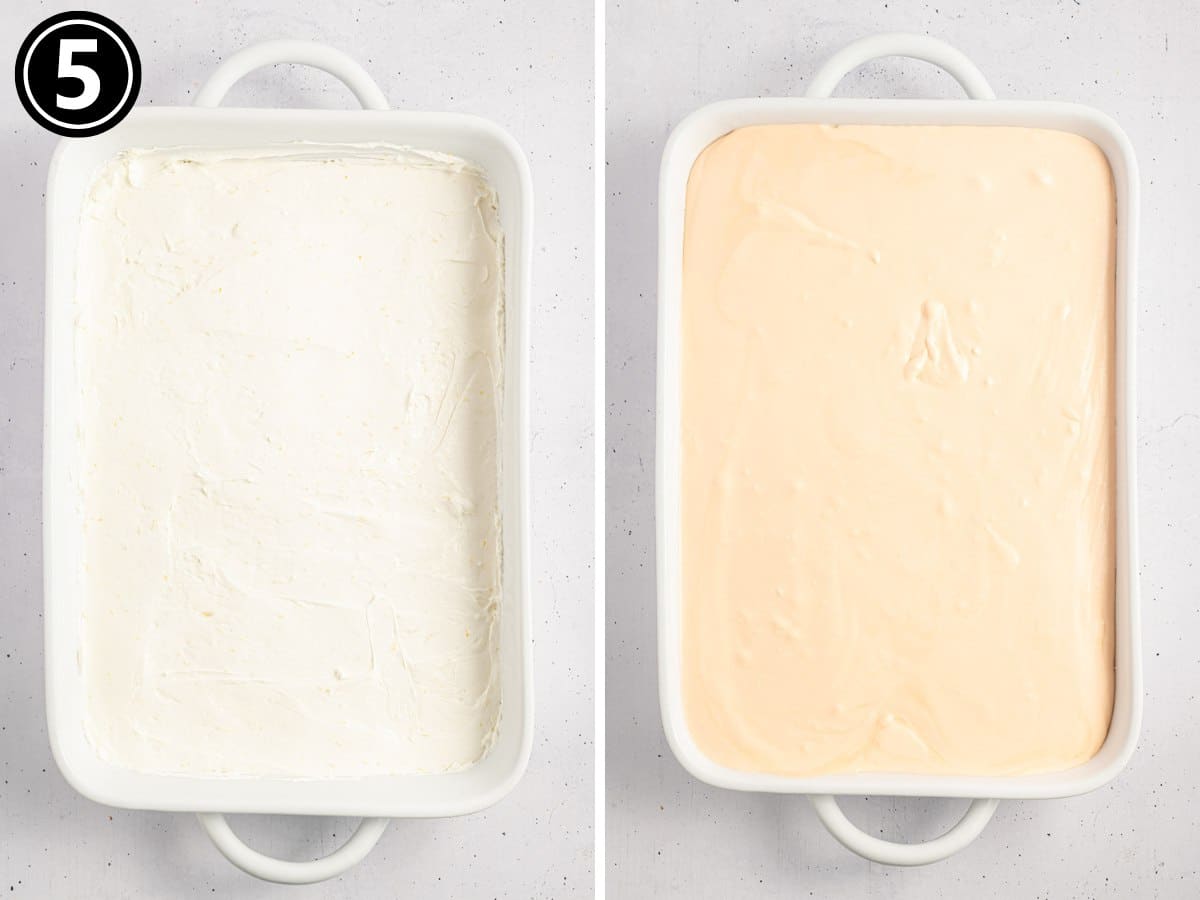 A two image showing adding bottom cheesecake layer, and orange creamsicle layer.