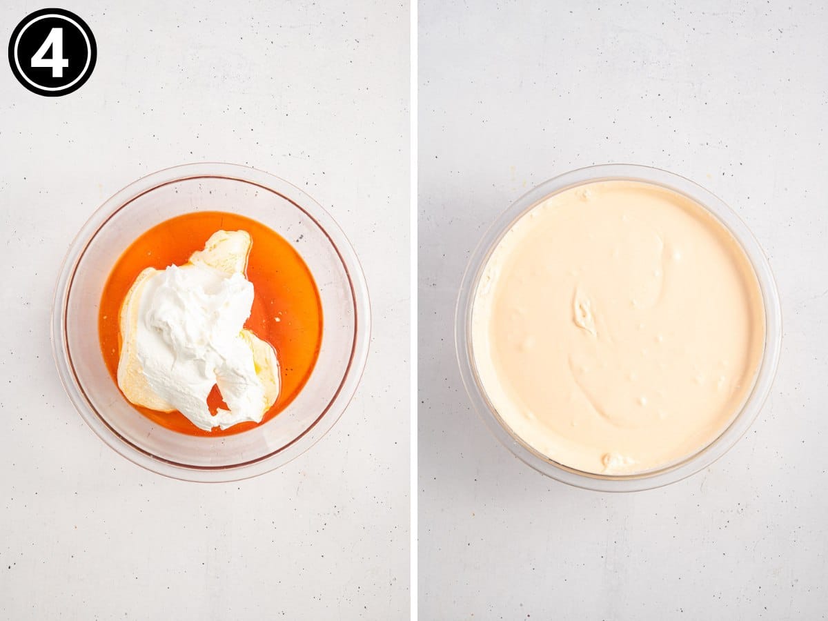 A two image collage showing adding the whip topping into orange Jell-O and folding together to make orange dreamsicle mixture.