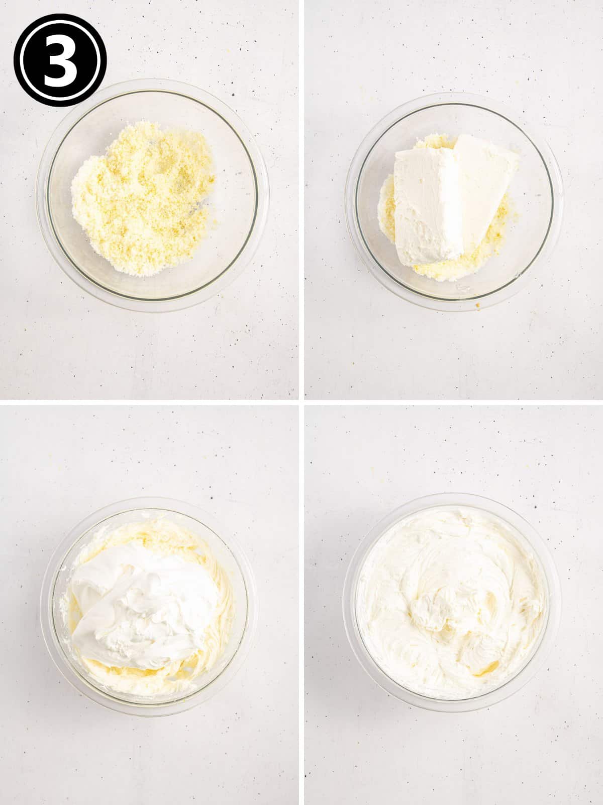 A collage image showing how to make cheesecake mixture.