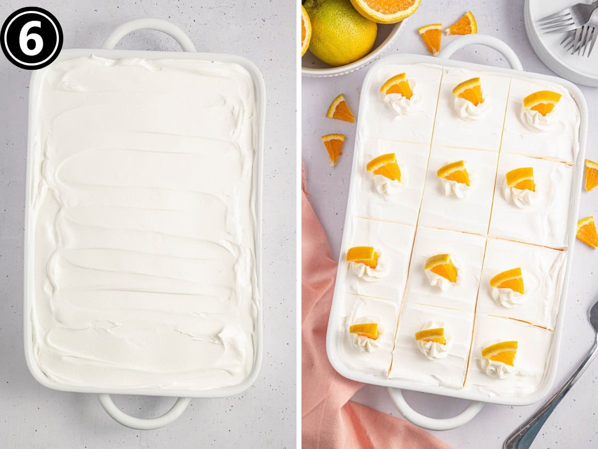 A two image collage showing adding whip topping and then garnishing with orange slices.