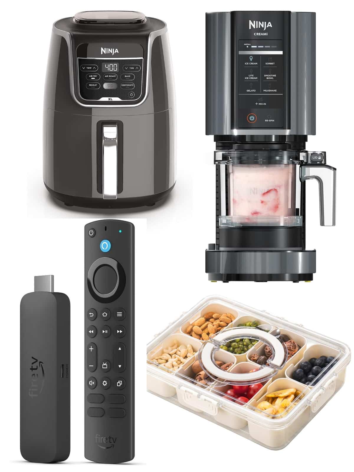 An Amazon prime day, graphic image image showing an air fryer and ice cream maker, a fire stick and a snack container.