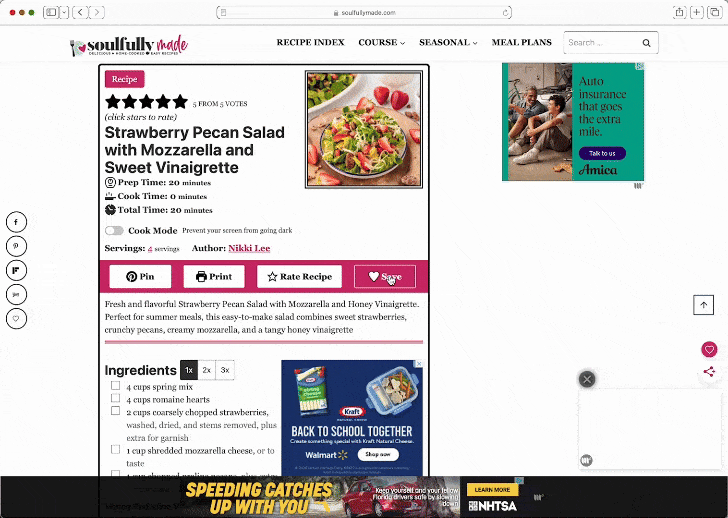 Screen shot of how to save recipes on a recipe card.