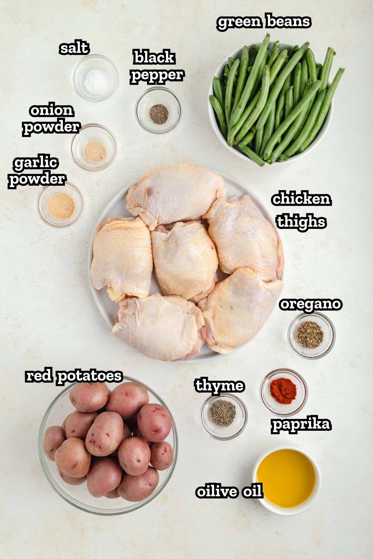 A labeled image of ingredients needed to make sheet pan, chicken, potatoes, and green beans.