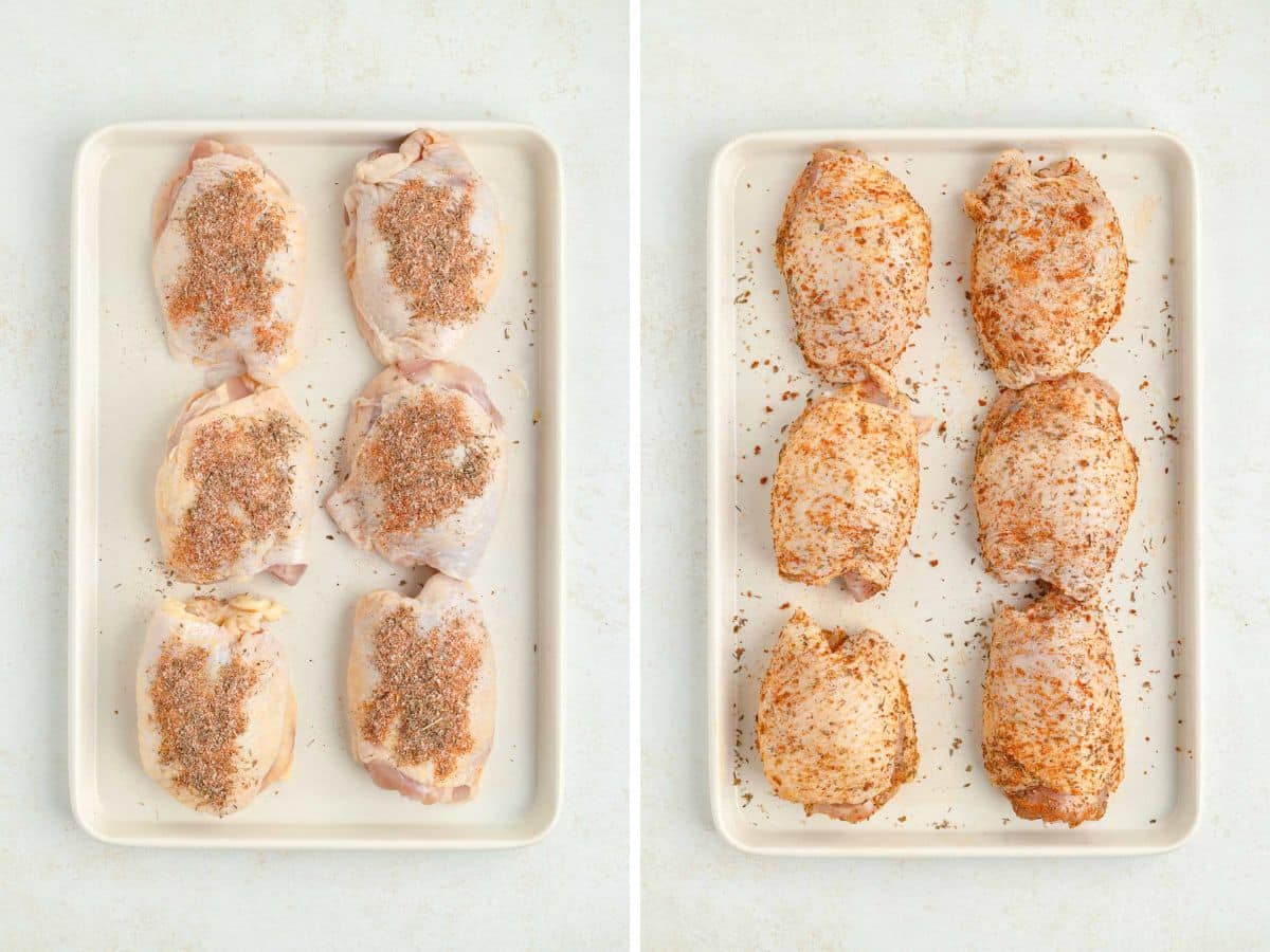 A pan with seasonings added to top of chicken thighs and then spread over the chicken.