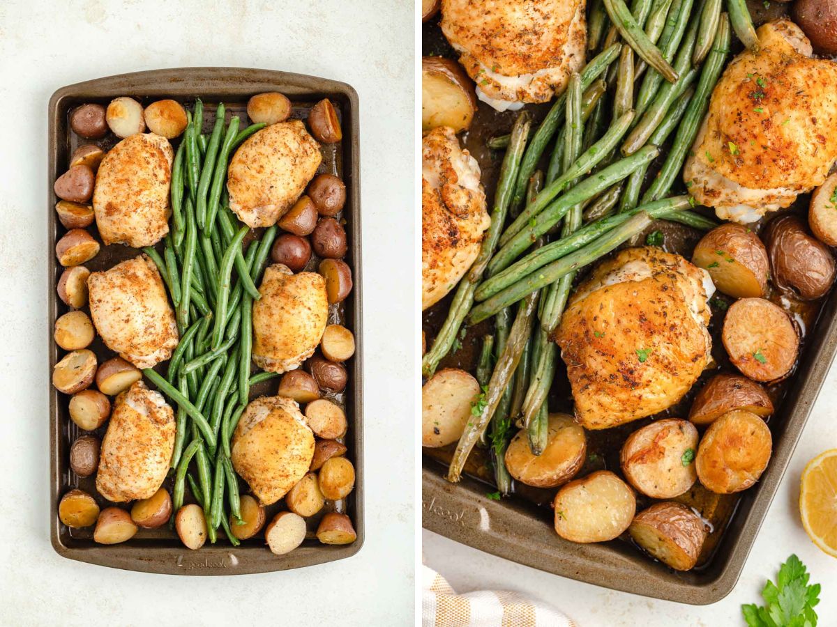 A collage image of sheet pan with cooked chicken thighs, green beans, and red potatoes and then an up close image.