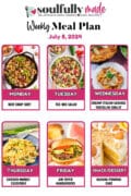 Weekly meal plan for July 8, 2024 with beef chop suey, Tex-Mex salad, creamy Italian sausage, tortellini skillet, chicken noodle casserole, air fryer, hamburgers, and banana pudding cake.