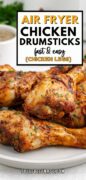 Air Fryer Chicken Drumsticks are plated and golden brown.