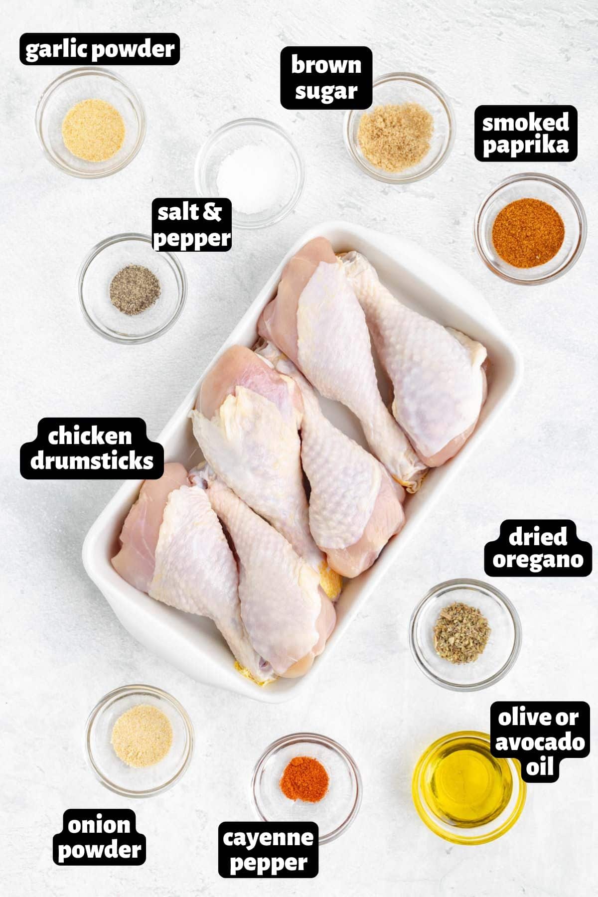 A text labeled image showing ingredients needed to make air fryer chicken drumsticks.