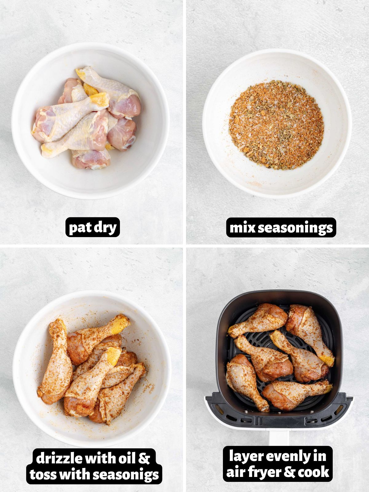 He text labeled collage image showing steps to make air fryer chicken legs.