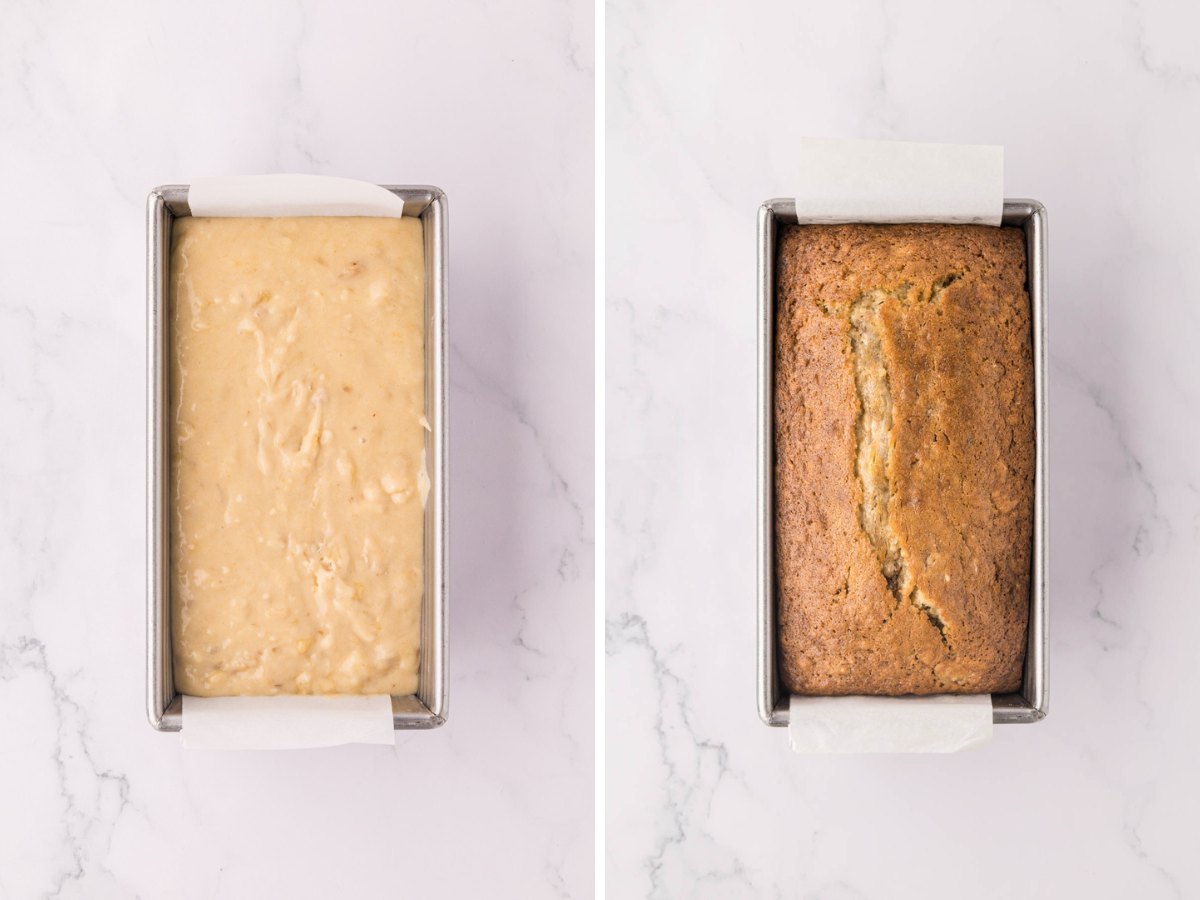 Step photo showing adding butter to loaf pan and after banana bread being baked.