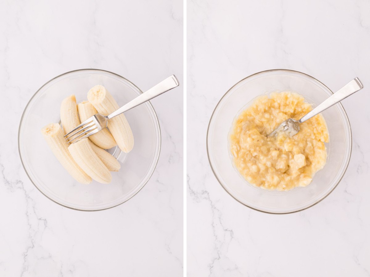 Step image showing bananas in a bowl being mashed.