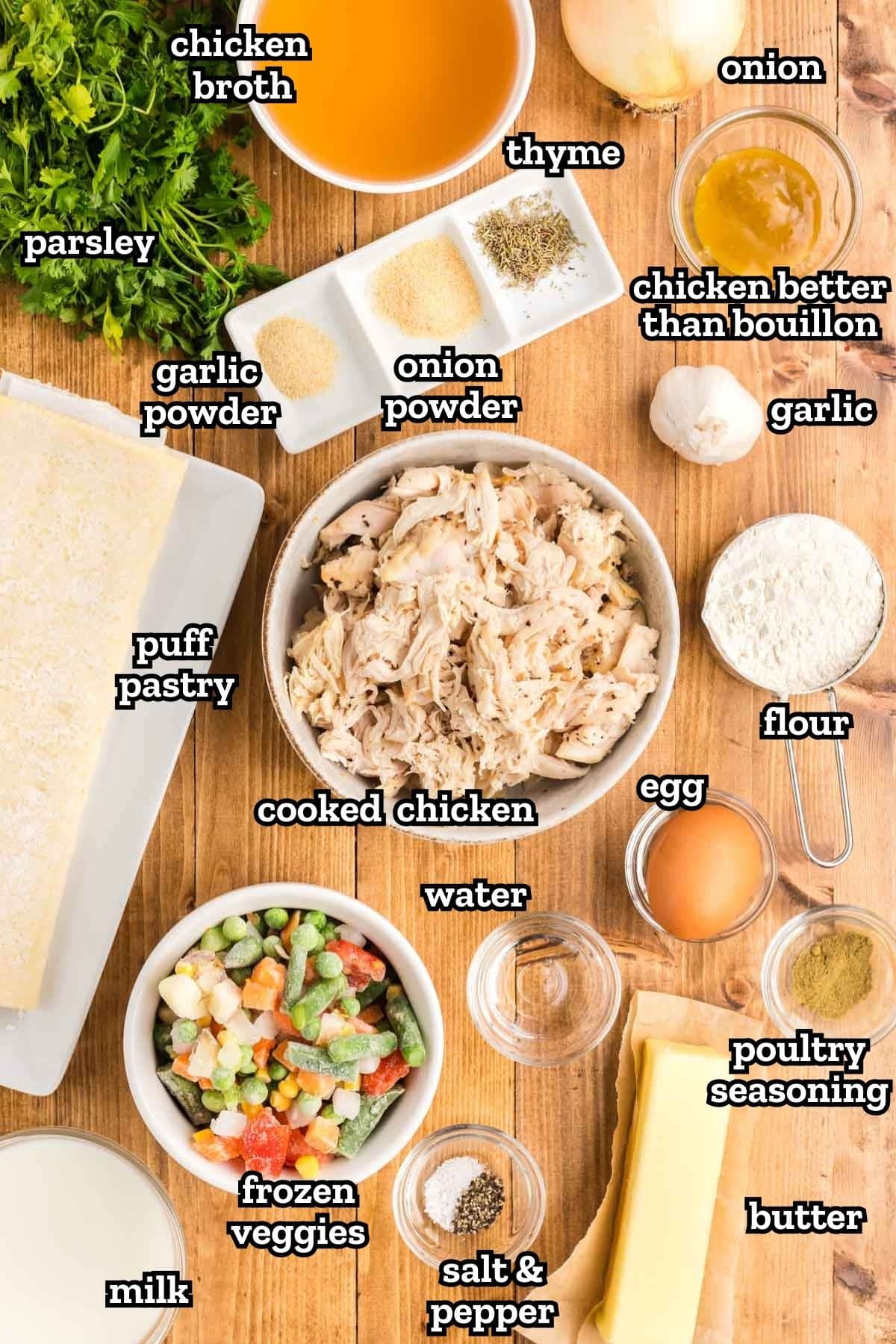 Label ingredients needed to make a chicken pot pie with puff pastry.