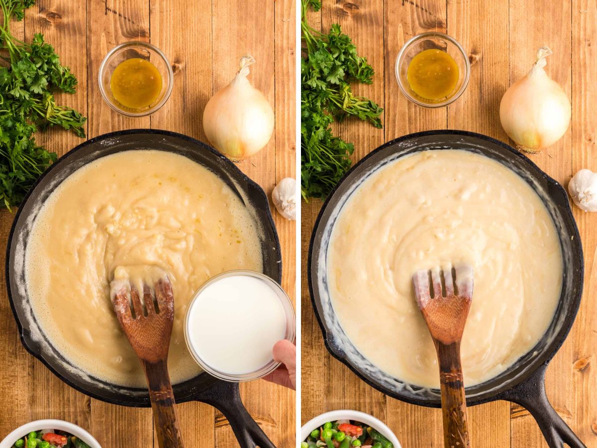 Adding milk to to a flour rue and then stirred together to combine.