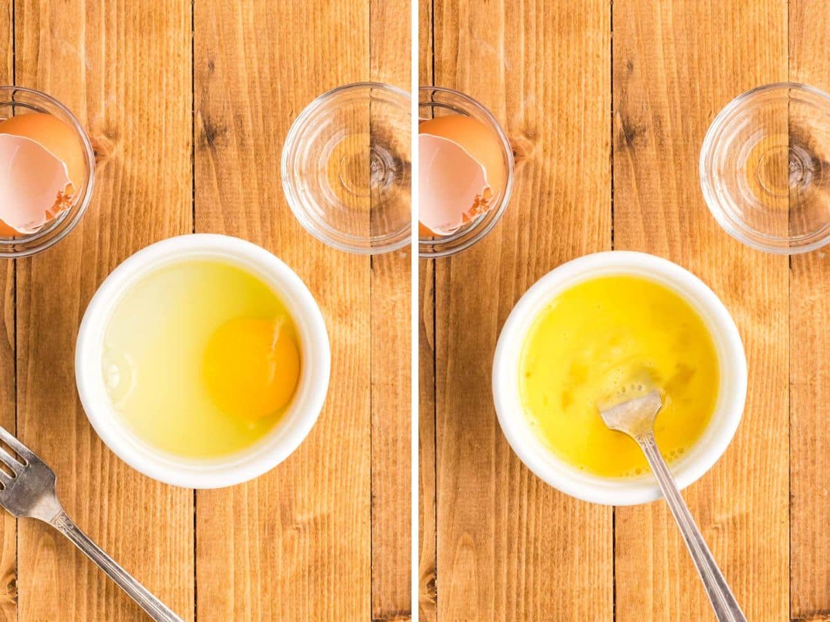 Egg and water attitude, a bowl and whisk with a fork to make an egg wash.