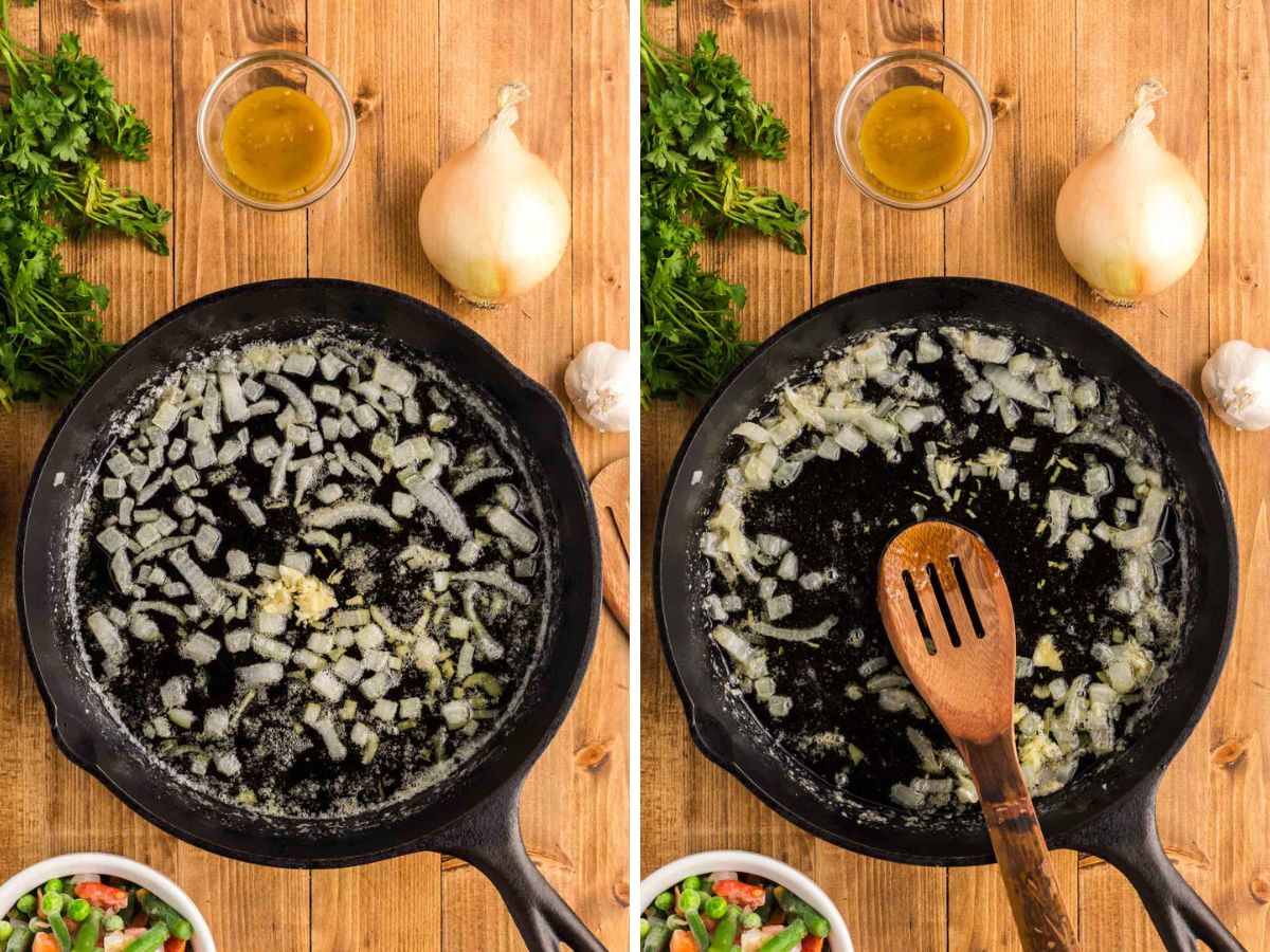 Mitz garlic added to onions and butter, and a cast-iron skillet.