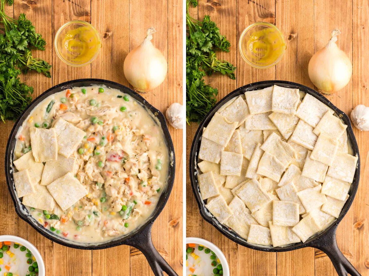 Adding puff pie pastry squares to the top of a chicken and vegetable mixture.