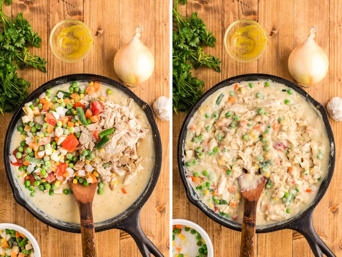 Add frozen vegetables and shredded chicken to the pot pie gravy.