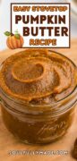 Easy homemade Pumpkin Butter in a jar with a graphic image of a fall pumpkin.