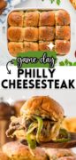 Game Day Philly Cheesesteak 2 image collage featuring a spatula holding a slider.