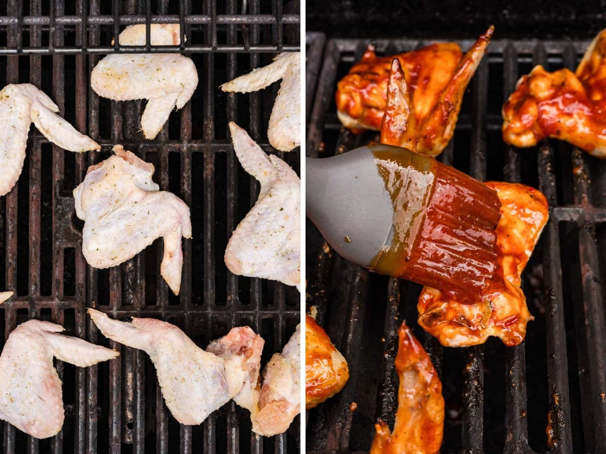 Seasoned wings on the grill and adding sauce to them.