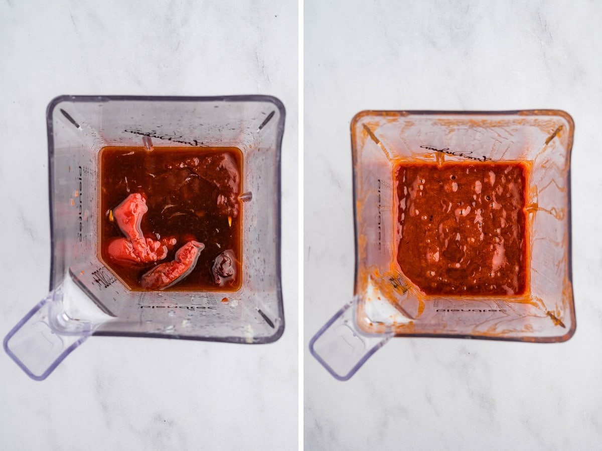 A blender with sauce ingredients and then blended together to make honey chipotle bbq sauce.