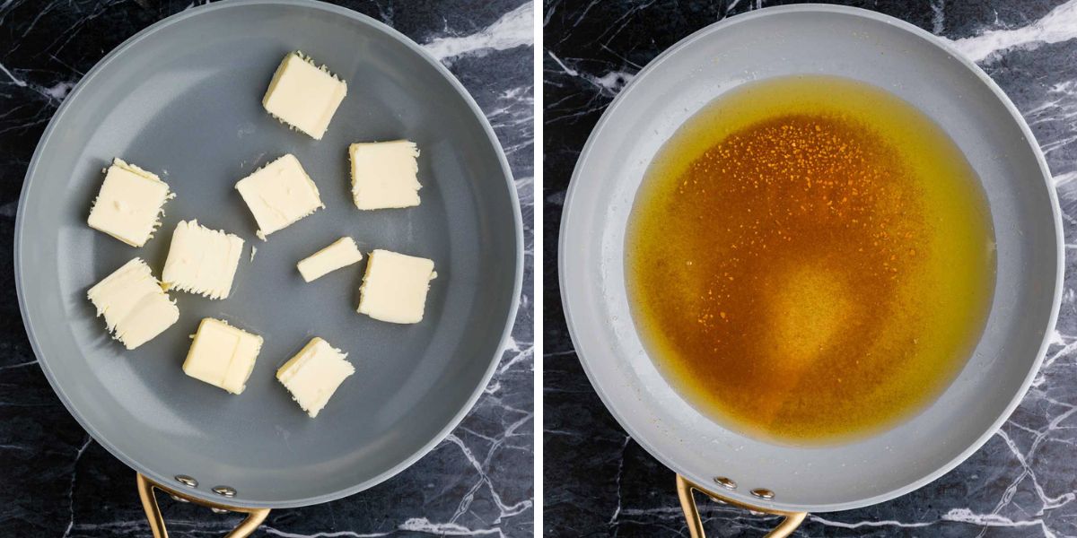 Pats of butter added to a skillet and cooked until the butter is browned.